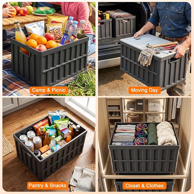 Citylife 64L Collapsible Storage Bins with Lids Plastic Storage Containers for Organizing Stackable Storage Box Large Heavy Duty Utility Crates, 2 Packs