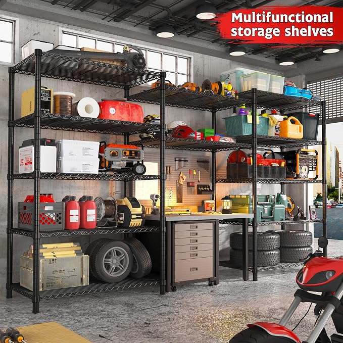 REIBII 75''H 6 Tier Wire Shelving,1800LBS Storage Shelves,Kitchen,Pantry | 19.1mm diameter rods, 300 lbs/shelf, adjustable shelf height with leveling feet, tool-free setup, fits garage/basement