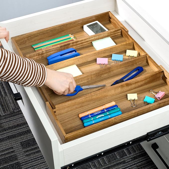Utoplike Acacia Kitchen Drawer Organizer Expandable, Utensils Cutlery Tray | Large Silverware Divider for Knives, Flatware, Knives in Kitchen, Bedroom, Living Room, Adjustable 3-5 Slots