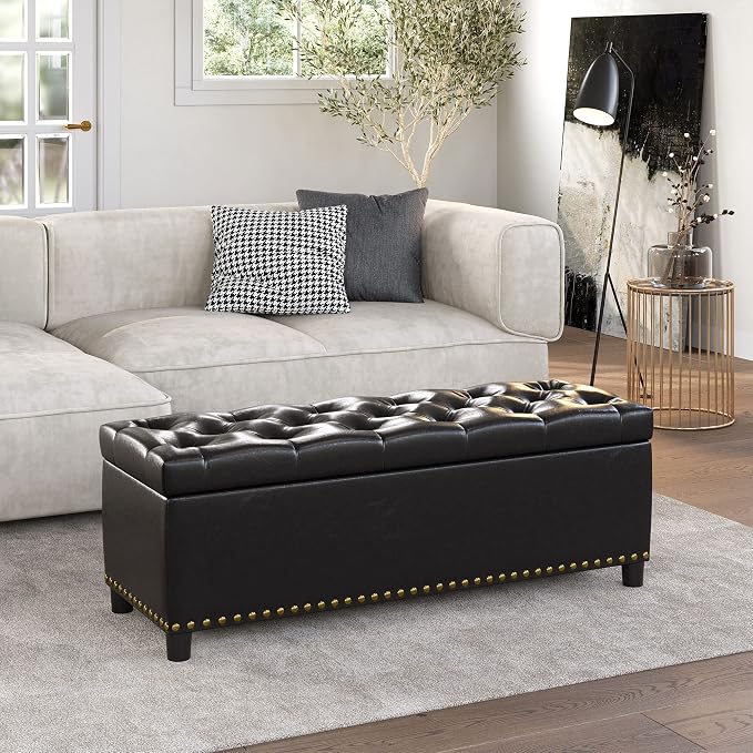 BELLEZE Storage Ottoman, Tufted Ottoman with Close Hinge, Foot Rest for Living Room (Dark Brown, 47 inch)