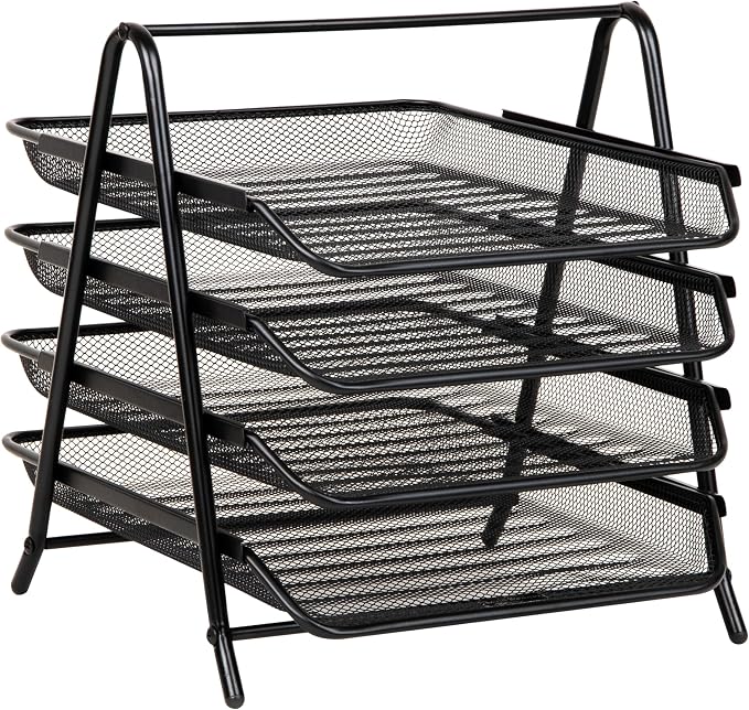 Mind Reader 4-Tier Paper Tray, Desktop Organizer, File Storage, Workspace, Office, Metal Mesh, 12"L x 13.75"W x 12.5"H, Black