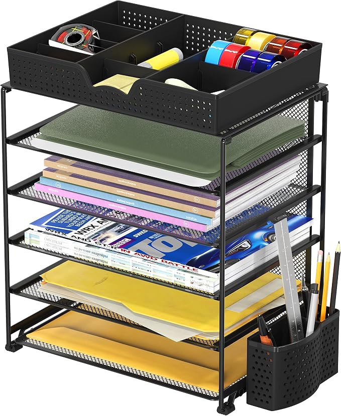 Simple Houseware 5-Tier Desk File Organizer w/Drawer & Pen Holder, Black | Desktop Tray Organizer for A4 Paper, Mail and Documents
