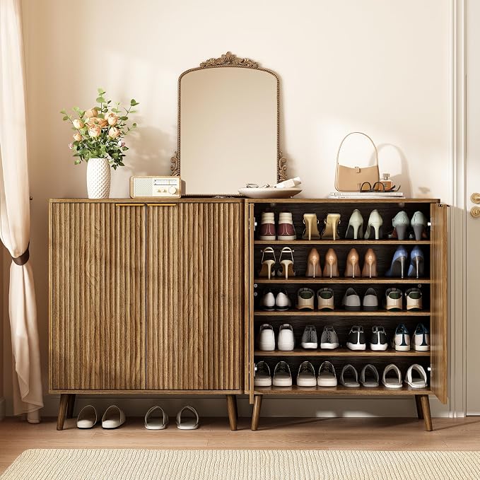 Fluted Shoe Cabinet with Doors Set of 2, 5-Tier Shoe Storage Cabinet with Adjustable Shelves, Wooden Freestanding Shoe Organizer Shoe Cabinet for Entryway,Hallway,Living Room, Natural Oak