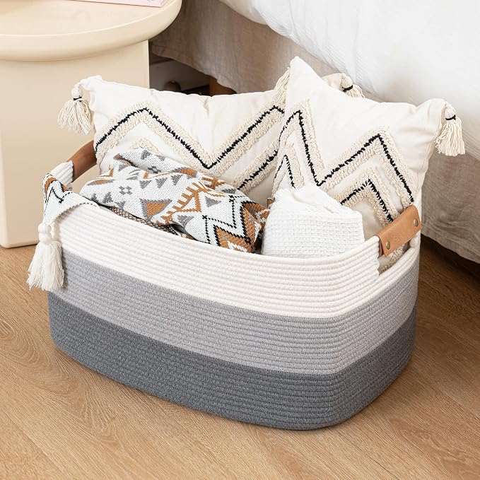 danpinera Blanket Basket, 72L Rectangle Large Basket for Living Room, Baby Room & Laundry, Woven Cotton Rope Toy Bin Baby Nursery Room Storage, 22’’*17’’*11.8’’, Gradient Grey