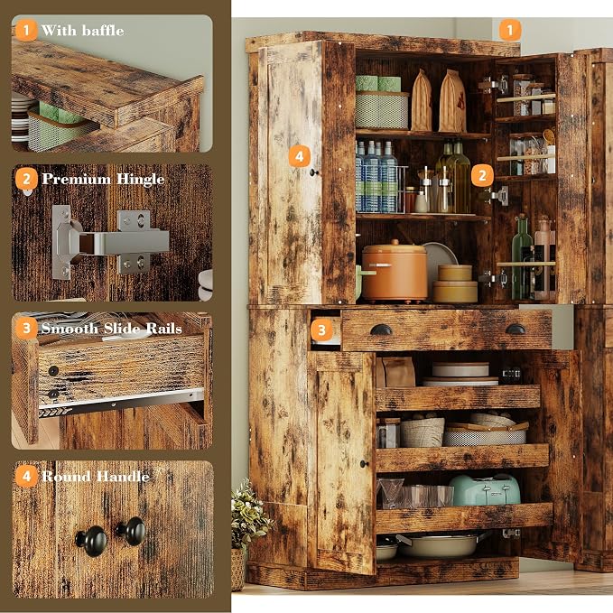 IRONCK Kitchen Pantry Cabinet 72" Height, Freestanding Cupboard with Drawer, Sliding Storage Rack, and 6 Hanging Shelves for Dining Room, Laundry, Living Room, Vintage Brown