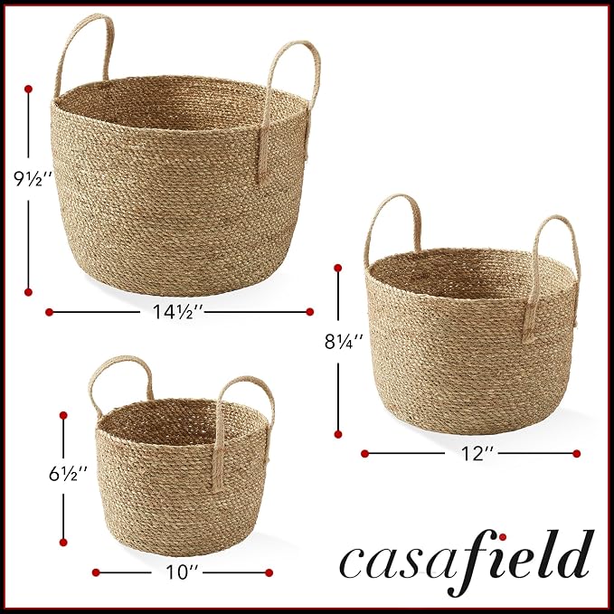 Casafield Set of 3 Braided Seagrass Baskets with Jute Handles - Natural, Woven Storage Basket Planters, Boho Decor for Entryway, Living Room, Bedroom
