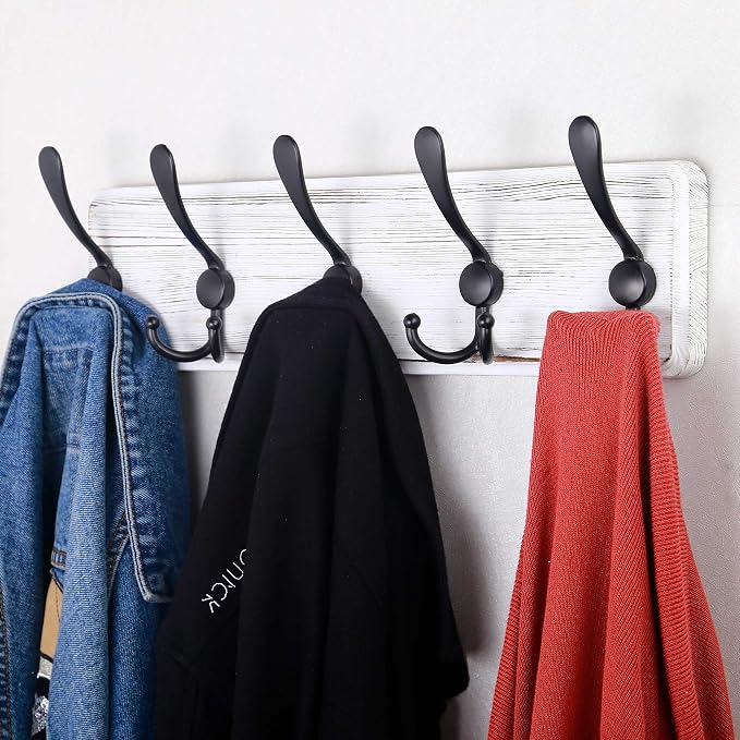 SKOLOO Rustic Wall Mounted Coat Rack, 16" Stud Spacing, Wood Coat Rack Wall Mount with 5 Triple Hooks, Farmhouse Coat Hanger Wall Mount for Hanging Backpack Jacket Coat Hat, Pack of 2