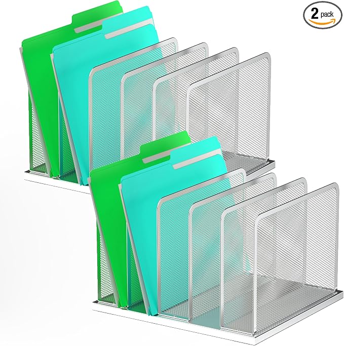 Kuntine.B 5-Section Upright Desk File Organizer Silver 2 Pack | Vertical, Mesh, Metal, Assembly, Stability, Sturdiness, Organization, Standing