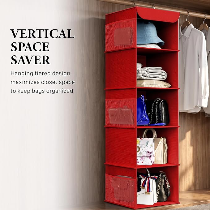 Simple Houseware 5 Shelf Hanging Closet Organizer, Red | 360° Rotating Dual Hooks, Top Support Metal Frame, 6 Side Mesh Pockets