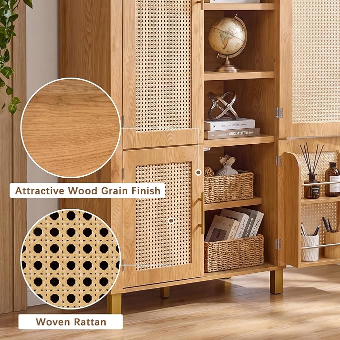 Merax 71" Arched Bookcase,Tall Pantry Storage Cabinet with Shelf Doors | Farmhouse Bookshelf with Rattan Doors Built-in Racks for Home Office,Kitchen,Dining Room,Oak