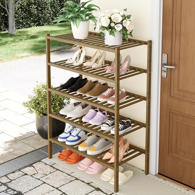 Smiry Bamboo Shoe Rack, 14 Vertical Slats, 5 Tier - 26.8" Wide, Walnut | Stackable Free Standing Wooden Shoe Organizer, Wood Shoe Storage Shelf for Closet, Entryway, Thicher Leg