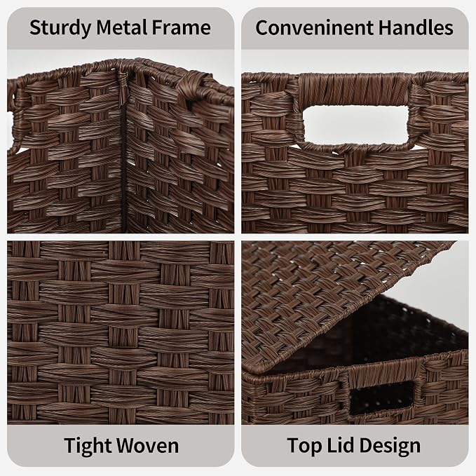 Granny Says Wicker Basket With Lid, Decorative Storage Baskets For Shelves | Woven Baskets With Lids, Wicker Baskets For Storage, Decorative Storage Boxes, Woven Stackable Basket with Lid for Organizing