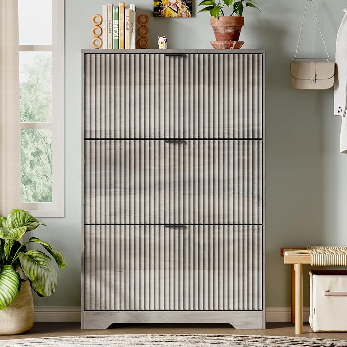 Xixini Shoe Storage Cabinet for Entryway with 3 Flip Drawers, Hidden Slim Wood Shoe Organizer with Modern Fluted Panel, Freestanding Narrow Shoe Rack for Front Door Entrance, Hallway, Foyer, Grey