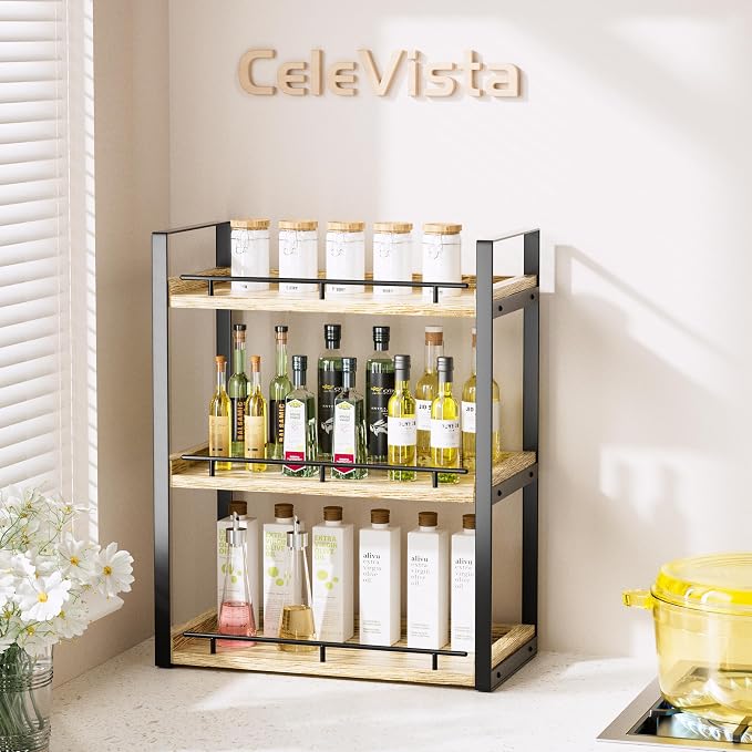 Bathroom Counter Organizer, 3 Tier Wood Countertop Shelf | for Vanity, Skincare, Makeup, Coffee Storage, Wood Shelves, Durable Metal Bracket, for Bathroom Sink, Kitchen (Rustic Brown)