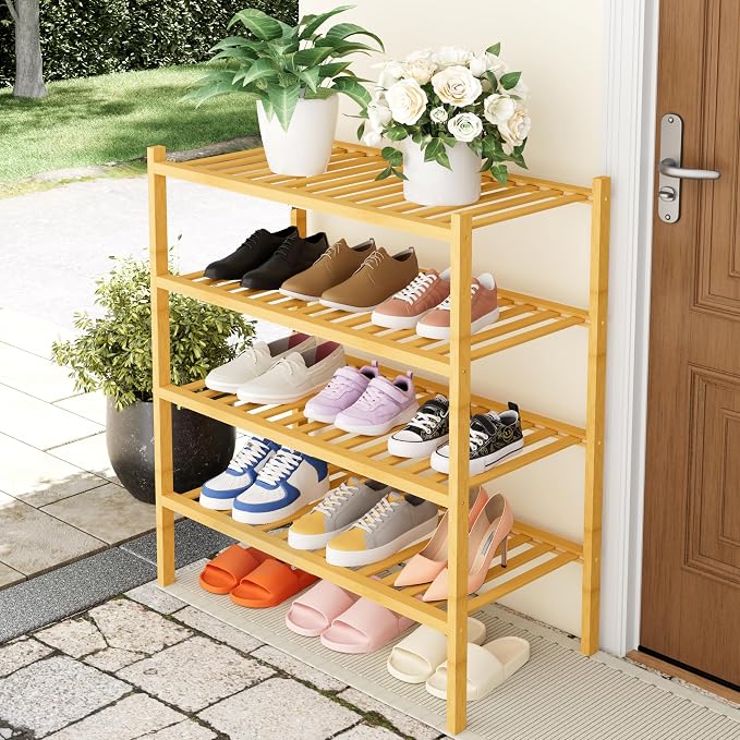 Smiry Bamboo Shoe Rack, 14 Vertical Slats, 4 Tier - 26.8" Wide, Natural | Stackable Free Standing Wooden Shoe Organizer, Wood Shoe Storage Shelf for Closet, Entryway, Thicher Leg