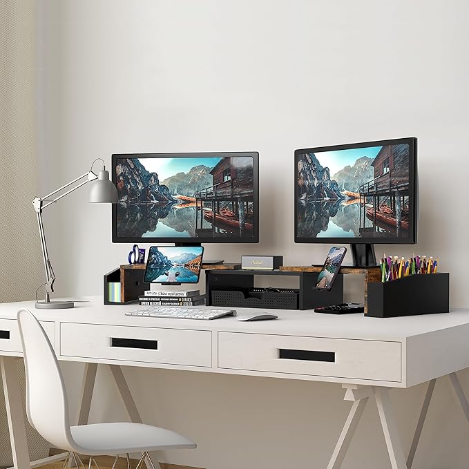 Simple Houseware Desk Dual Monitor Stand Riser with Drawer, Rustic Brown | Customizable Organizer Tray, Built-In Phone & Tablet Slot and Side Storage