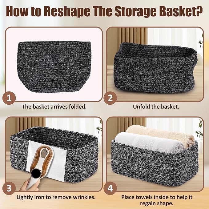 5-Pack Small Woven Rope Storage Baskets, 2 Sizes Organizer Bins | Fabric Cube Boxes and Rectangular Shallow Bins for Closet, Shelf, Bookshelf, Nursery, Changing Table, Bathroom, Toys & Home