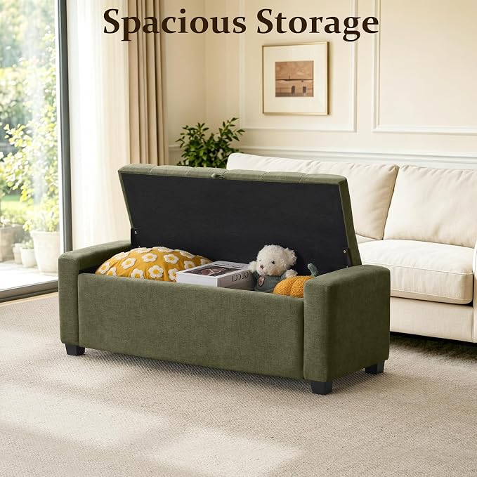Royal Windsor 48" Ottoman with Storage,Tufted Storage Bench with Safety Hinge,Holds up to 350 lb,Upholstered Bench with Seating for Bedroom,Living Room,Entryway,Linen Green