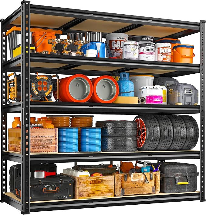 REIBII 3000LBS Garage Shelving for Warehouse, 5 Tier Heavy Duty Shelving | 48"W x 18"D x 72"H, 5-Tier Adjustable Shelves, Freestanding, Solid Steel Frame, Rust-Resistant, Tool-Free Easy Assembly
