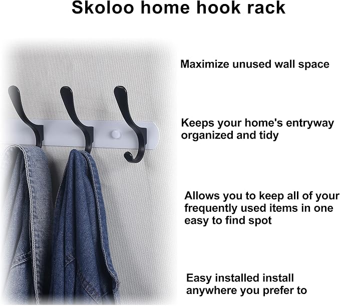 SKOLOO Modern Metal Wall Coat Rack with 5 Hooks, Pack of 2, Sturdy Wall Hook Rack Rail for Hanging Coat, Jacket, Clothes, Hat, Black on White
