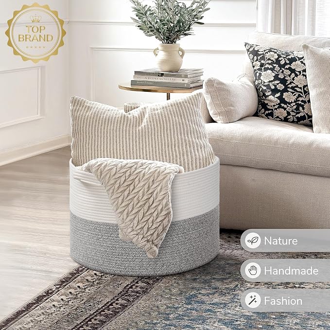 INDRESSME Large Woven Rope Blanket Basket Living Room Light Grey, 65L | 19.7" x 12.6" Storage baskets for laundry, toys & pillows. For living room, bedroom or nursery decor. soft-touch, gift basket