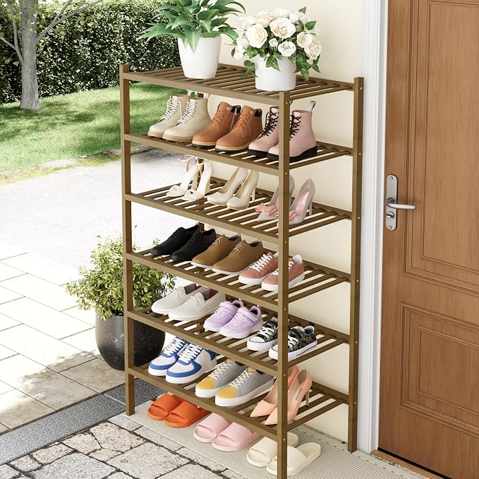 Smiry Bamboo Shoe Rack, 14 Vertical Slats, 6 Tier - 26.8" Wide, Walnut | Stackable Free Standing Wooden Shoe Organizer, Wood Shoe Storage Shelf for Closet, Entryway, Thicher Leg