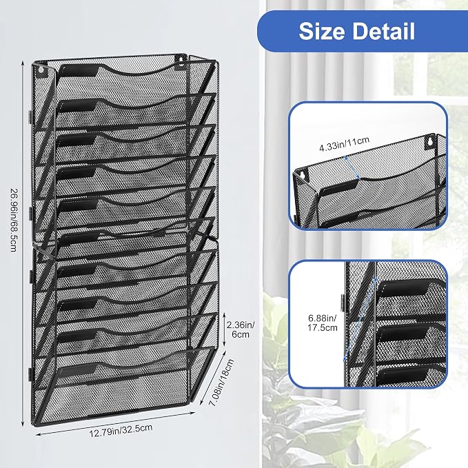 EasyPAG Wall File Organizer for Office 10 Pocket Mesh Wall Mounted Paper Organizer Hanging Folder Holder with Nametag Label for Home School, Black