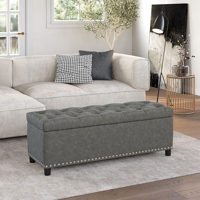 BELLEZE Storage Ottoman, Tufted Ottoman with Close Hinge, Foot Rest for Living Room (Rustic Gray, 47 inch)