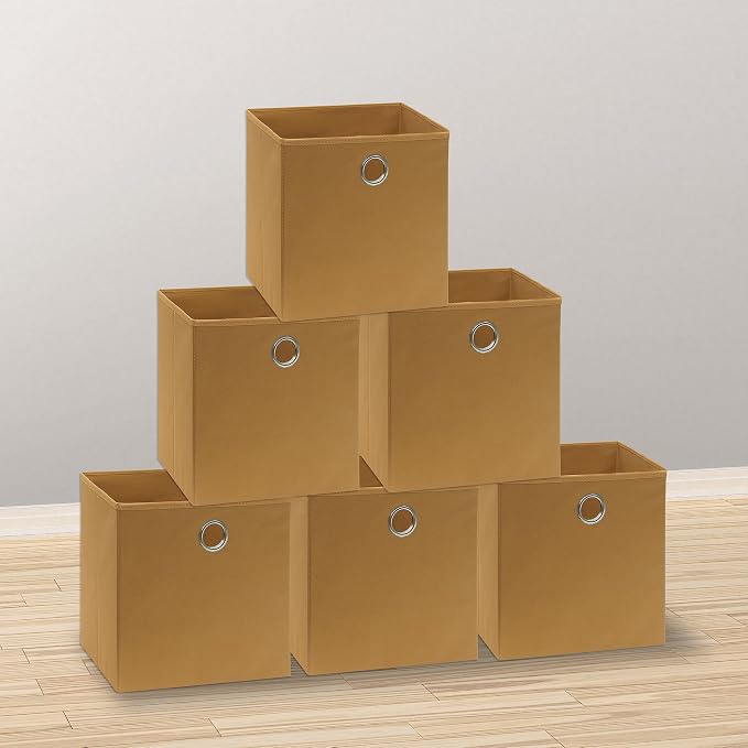 Simple Houseware 11-Inch Foldable Cube Storage Bins with Handles, Tan | 6-Pack Lightweight & Durable Structure Fabric Cubes Organizer for Closet or Shelves