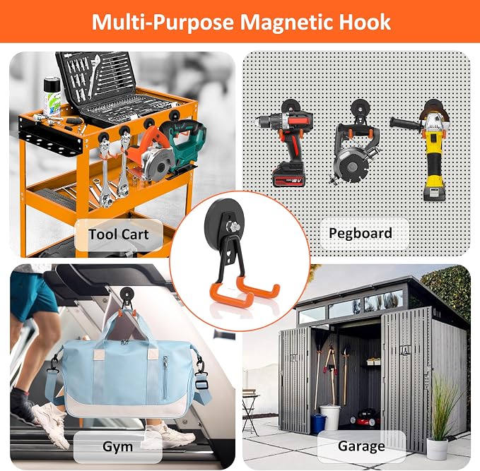 ENUODA Strong Magnetic Hooks Heavy Duty Upgraded Magnetic Tool Holder Rare Earth Magnets with Hooks for Hanging Wreath, Garden Tool, Toolbox, Shovel, Broom, Garage, Tool Chest, Organization, 4PCS