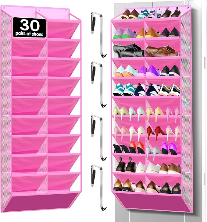 Kotkn 20-Pocket Hanging Shoe Organizer for Door, 10-Tier Heavy Duty Holds 20-30 Pairs, 10.5" Deep Fits Size 15 Boots, Bamboo Support & Non-Scratch Hooks (20 Tier-Pink)