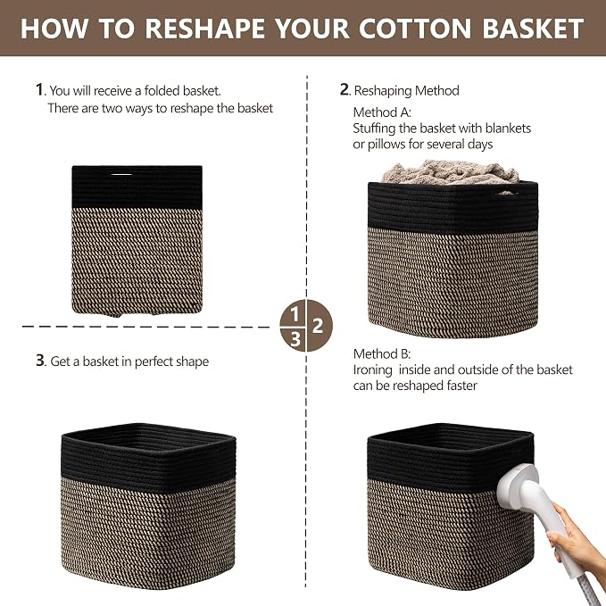 joybest 11inch Cube Storage Bins, Cotton Rope Woven Organizer Basket | Set of 4 Cube Bin Square Shelves Organizer Closet Storage, Nursery, Toy Organization, Black&Dark Brown