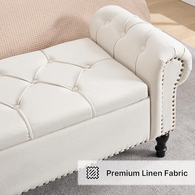 67 Inch Storage Bench for Bedroom, King Size End of Bed Bench, Upholstered Bench with Rolled Arms, Linen Tufted Button Storage Ottoman Benches, Living Room, Entryway, Cream Beige