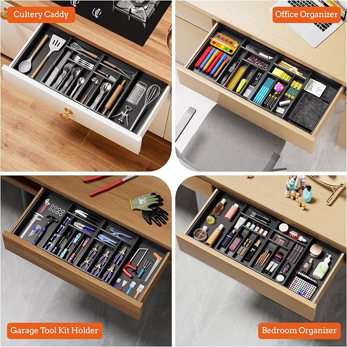 Silverware Organizer Large, Magnetic Connected Expandable 13 Slots Silverware Drawer Organizer From 21 to 37.4 Inches, Adjustable Flatware and Cutlery Holder, Bamboo Utensil Tray for Kitchen Black