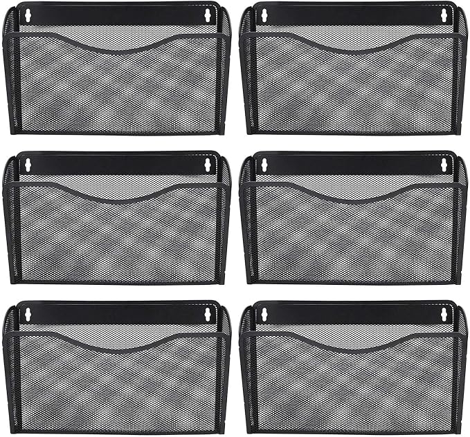 EASEPRES 6 Single Pocket Mesh Hanging File Organizer, Vertical Wall Mounted Magazine File Holder, Mount Basket Mail Paper Document Folder Organizing for Office, Home and School, Black