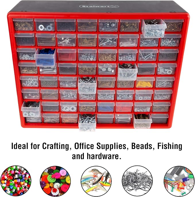 64-Drawer Storage Organizer - Plastic Drawers for Organization - Desktop or Wall-Mounted Container for Hardware, Tools, and Beads by Stalwart (Red)