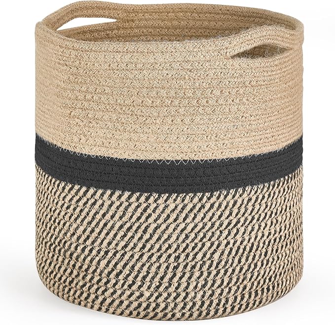 Dahey Plant Basket Indoor for 12 inch Pot Woven Jute Planter, Black | Fits 10"-12" Planters, Reinforced Structure, Foldable Laundry Bin with Handles, Jute Cotton Rope, Decorative Flower Pot Cover