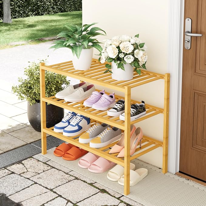 Smiry Bamboo Shoe Rack, 14 Vertical Slats, 3 Tier - 26.8" Wide, Natural | Stackable Free Standing Wooden Shoe Organizer, Wood Shoe Storage Shelf for Closet, Entryway, Thicher Leg