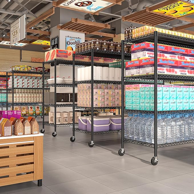 REIBII 60"W 4-Tier Storage Shelves with Wheels, 2399 lbs for Garage Kitchen | Heavy duty metal shelving, 18''D x 65.5''H, Adjustable, Lockable wheels, Tool-free assembly, For pantry basement commercial