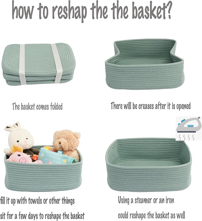 XUANGUO Small Woven Storage Baskets for Shelves, 12" x 8" x 5", Green | Decorative rope storage bins for closets and toy storage; cute organizer baskets, empty gift baskets and nursery storage.