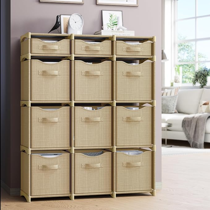 Cube Storage Organizer with Storage Bins Included - The Perfect Closet Organizers and Storage Solution. Includes 12 Storage Cubes, Great For Toy Storage, Closet Storage, Clothes Storage (Beige)