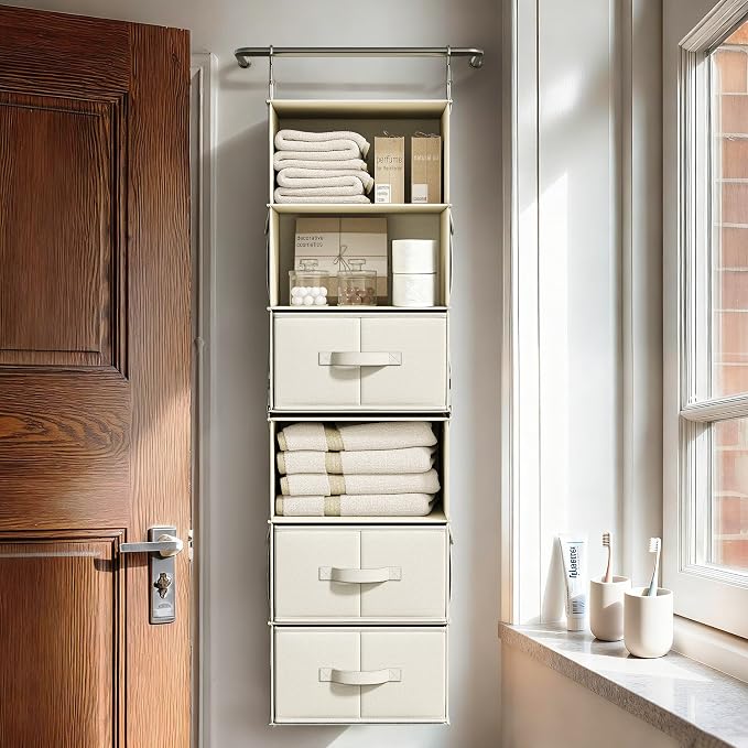 Vailando 6-Shelf Hanging Closet Organizer with 3 Drawers, 2 Separable 3-Shelf Closet Organizers and Storage for Wardrobe Organization, Hanging Dresser for Nursury & Dorm Clothes Organizer, Beige