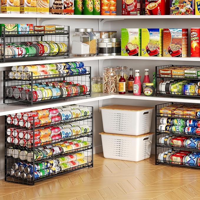 2-Tier Stackable Can Rack Organizer for Pantry Shelf, Extra-Long Can Holder for Kitchen Organization,Heavy Duty Can Dispenser for Canned Food Soup Goods up to 64 in Cabinet Storage, Black
