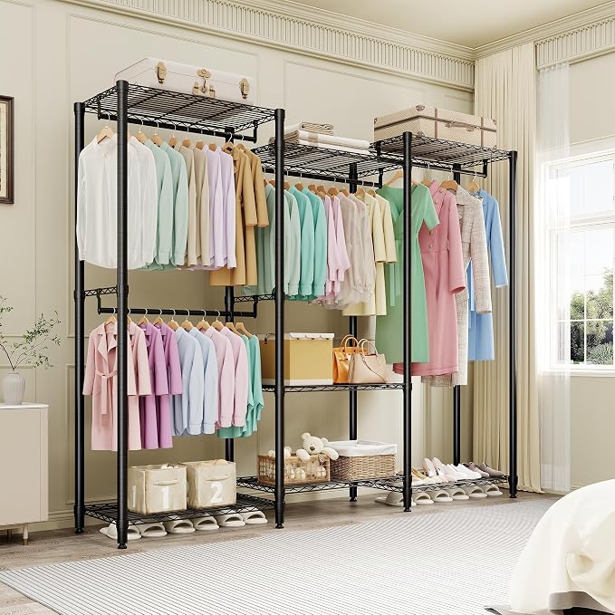 Clothes Rack, Free Standing Garment Rack for Hang Clothes, Adjustable Clothing Closet with 4 Sturdy Rods & 7 Storage Shelves, Portable Wardrobe Racks & Easy Assembly, 76.5"H x 67.6"L x 15.5"W 