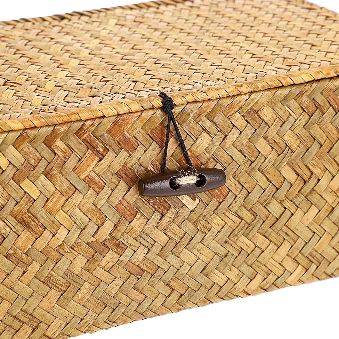 Hipiwe Small Woven Shelf Baskets Bin with Lid Seagrass Wicker Storage Box | Handmade Seagrass Basket Organizer Rectangular Household Basket Boxes for Shelf Wardrobe Home Decor, Caramel