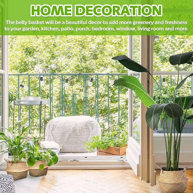 Qunclay 4 Pcs Woven Seagrass Baskets Belly Basket Folding Boho Natural Plant Pot with Handles Round Decorative Wicker Large Indoor Planter for Home Outdoor Tree Planters Decor (M,8.46''dx8.66''h)