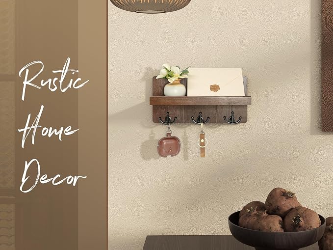 Rebee Vision Key Holder Wall Mount with 3 Hooks for Entryway, Retro Brown | Key Holder for Wall, Floating Shelf, Plant Display, Mail Organizer, Anchor Key Hanger, Rustic Storage, Decorative Home Decor