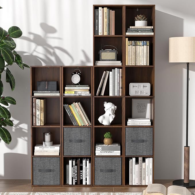6 Cube Storage Organizer, Narrow Open Shelf Bookcase, Freestanding 6 Tier Low Display Bookshelf for Home Office, Living Room, Bedroom, Dark Brown & Black Walnut