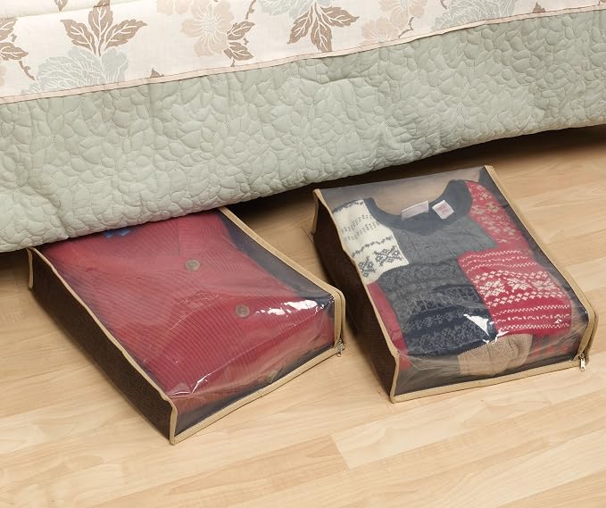 Household Essentials 66612 Sweater Storage Bags | Set of 2 | Coffee Linen,Brown/Clear