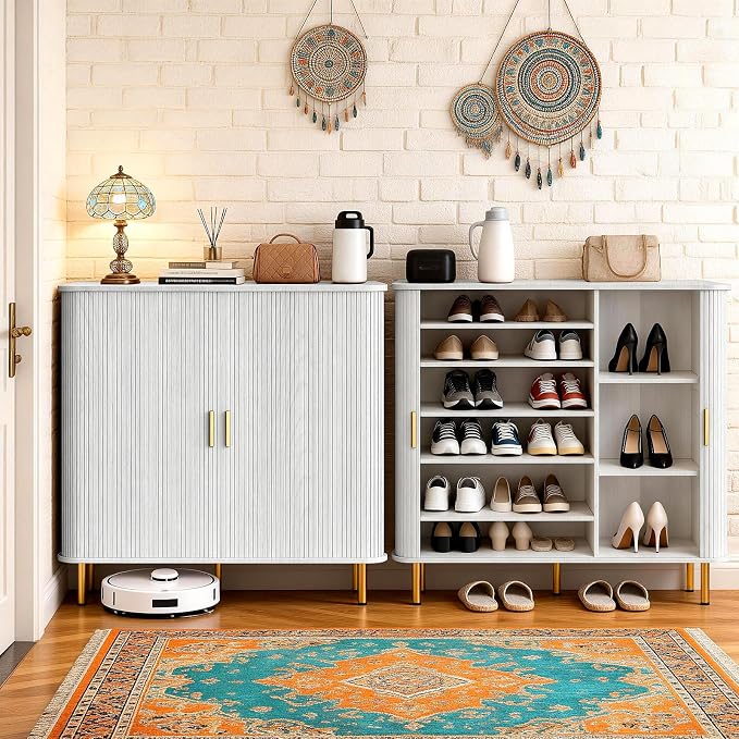 DHH Shoe Storage Cabinet with Sliding Door, 6-Tier Shoe Cabinet with Adjustable Shelves, Modern Freestanding Shoe Storage Organizer for Entryway, Hallway, Living Room (Washed Grey, 47 ")